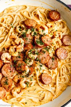 pasta with sausage and shrimp in a skillet