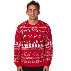 a man wearing a red christmas sweater with friends written on it