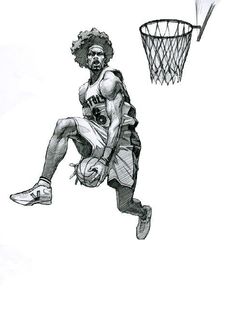 an ink drawing of a basketball player dunking the ball