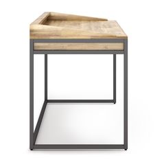 the side table is made out of wood and metal, with a wooden tray on top