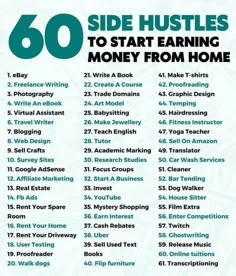 a poster with the words 60 side hustles to start earning money from home