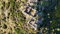 an aerial view of some buildings in the woods