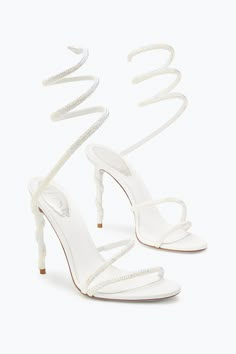 Margot Swarovski White Sandal Jewel White Gucci High Heels, White Glitter Shoes High Heels, Luxury Formal Heels With Transparent Straps, White Versace Medusa Heels, White Heels Tie Up, Rene Caovilla White Heels, White Heels Prom, White Heels Sandals, Swarovski Heels