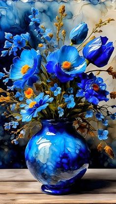 a painting of blue flowers in a vase