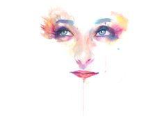 a woman's face painted in watercolor with dripping paint on the bottom half