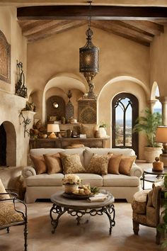 a living room filled with furniture and a fire place in the middle of an open floor plan