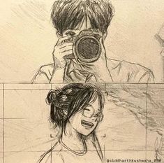 a drawing of two people taking pictures with their camera and another person looking at them