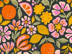 an orange, pink and yellow floral pattern on a black background with leaves and flowers