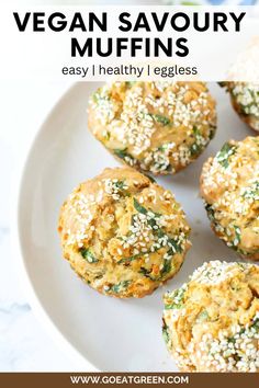 vegan savory muffins on a white plate with text overlay