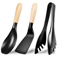 three black utensils with wooden handles