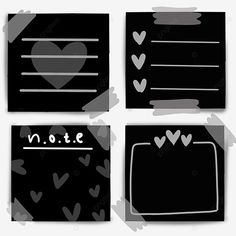 four pieces of black paper with hearts and lines on them, including the word love