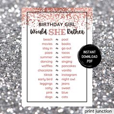 the birthday girl word she wrote printable game is shown on a silver glitter background