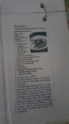 the instructions for how to make homemade baked potato soup are posted on a refrigerator door