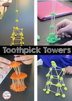 toothpick towers made from construction materials are shown in three different pictures, with the words'toothpick towers'above them