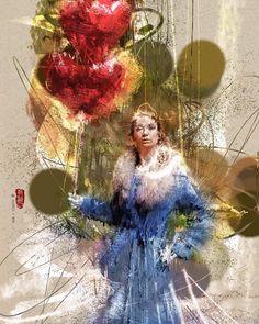 a digital painting of a woman in a blue dress and red flowers on her head