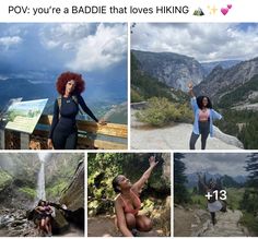 four different pictures with the same woman posing in front of mountains and trees, one has her arms outstretched