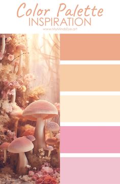 the color palette is pink, yellow and white with mushrooms on it in front of a tree