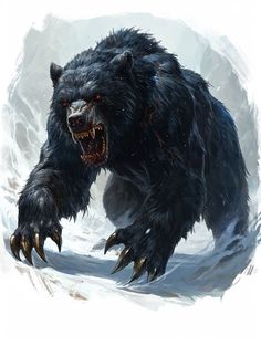 a large black bear with sharp claws on it's face and mouth, running through the snow