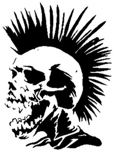 a black and white drawing of a skull with spiked hair