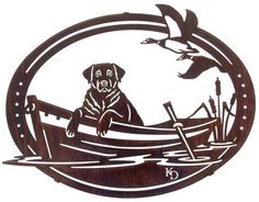 a metal sign with a dog in a boat and birds flying over the water behind it