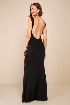 Black Backless Gown - Slinky Knit Gown - Cowl Neck Maxi Dress - Lulus Winter Formal Dresses Open Back, Full Length Formal Dresses, Backless Long Black Dress, Back Of The Dress Ideas, Elegant Open Back Dress, Cute Backless Dress, Prom Open Back Dresses, Barristers Ball Law School Dress, Backless Mini Dress Classy