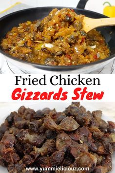 fried chicken gizzardas stew in a skillet and on a white plate