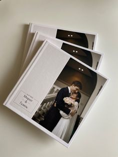 three wedding photos are stacked on top of each other, with the bride and groom hugging