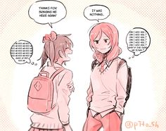 two girls with backpacks talking to each other and one has speech bubbles above her head