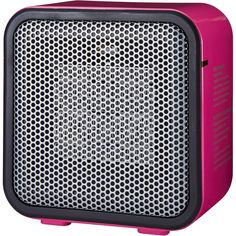 the bluetooth speaker is pink and has black trimmings on its front side