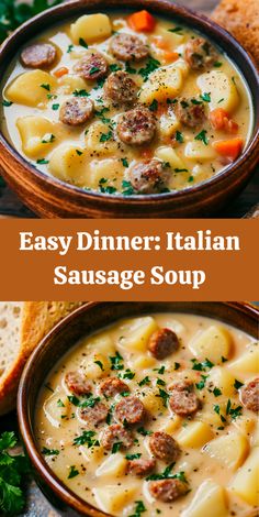 two bowls filled with sausage and pasta soup