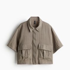 H&M Cargo Shirt | Size: Medium | Color: Taupe Composition Rayon 74%, Polyamide 26% Khaki Short Sleeve Blouse With Pockets, H&m Workwear Tops With Pockets, H&m Tops With Pockets For Work, H&m Button-up Tops With Pockets, H&m Short Sleeve Work Tops, H&m Collared Tops For Workwear, H&m Short Sleeve Tops For Work, Summer Workwear Khaki Top, Neutral Collared Top For Work