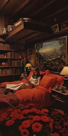 a girl is reading in her bed with red flowers on the floor and bookshelves