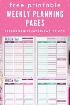 the free printable weekly planner is on top of a desk with pink and green decorations