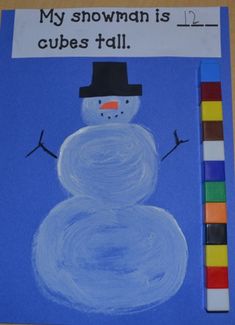 a drawing of a snowman with words written on it and colored crayons