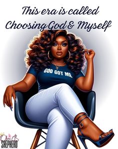 a woman sitting in a chair with her legs crossed and the words, this is called choosing god & myself