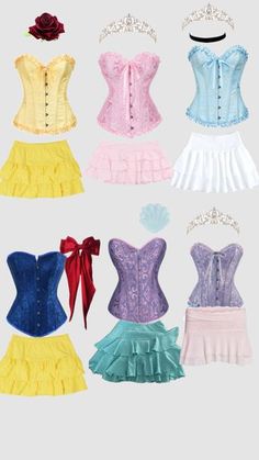 six different styles of corsets with bows on the top and bottom, all in pastel colors