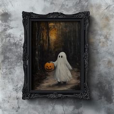 a painting of a ghost holding a pumpkin