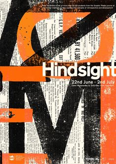 an orange and black poster with the words hindsight on it's front cover