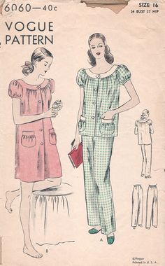 Asian Pajamas, Vintage Pjs, 1940s Vogue, Robe Sewing Pattern, Pajamas Pattern, Vintage Sleepwear, Pijama Party, Vintage Night