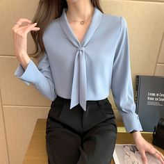 Long Sleeve Chiffon Shirt, Ladies Chiffon Shirts, Office Blouse, Chiffon Shirt Blouse, Women Chiffon Blouse, Lantern Sleeved Blouses, Womens Clothing Patterns, Casual Party Dresses, Bow Blouse