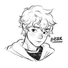 a black and white drawing of a boy with curly hair, wearing a hoodie