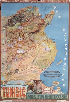 an old poster shows the location of tunise, where there are many different towns