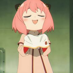 an anime character with pink hair is holding something in her hands and smiling at the camera