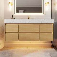 a bathroom vanity with a mirror above it and lights on the side wall behind it