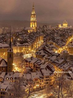 the city is covered in snow and lit up with street lights, buildings, and spires