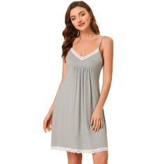 This mini nightgown has no Chest Pads. This stretchy pajamas dress for women is soft, lightweight, breathable and comfortable to wear as. This dress designed with solid color and v-neck with lace makes the sleepwear beautiful, and you have different color choice to match it with your heart. No matter the cozy bedtime, casual home relax, laze afternoon, comfy bath, the soft and lightweight women's nightdress could company with you all the time. It's good choice to be a perfect gift for your mom, Loungewear Dress, One Piece Clothing, Lace Nightgown, Pajama Dress, Night Dress For Women, Casual Home, Nightgowns For Women, Sleep Dress, Lounge Dress