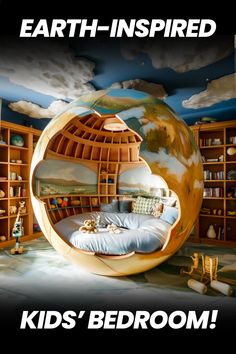 a bedroom with a bed inside of it and the words earth inspired kids'bedroom