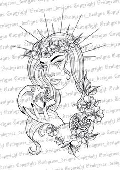 a drawing of a woman with flowers in her hair, holding a cat and wearing a crown