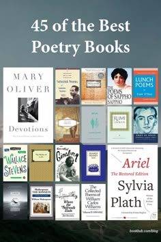 the front cover of an ebook with many books on it and text that reads 45 of the best poetry books