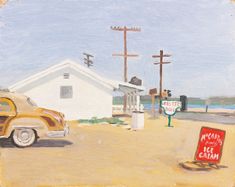 a painting of an old car parked in front of a white building with a red sign